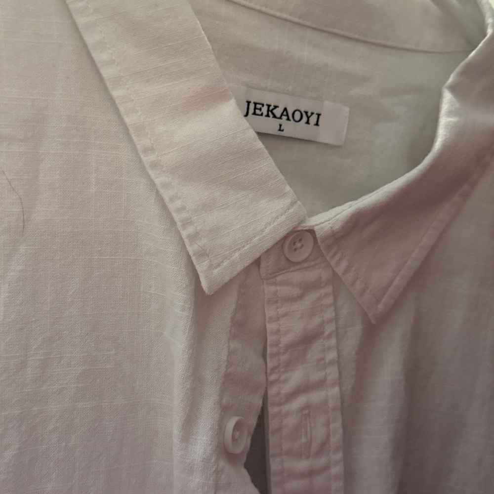 Jekaoyi Linen Blend White Button Down Shirt, Size L